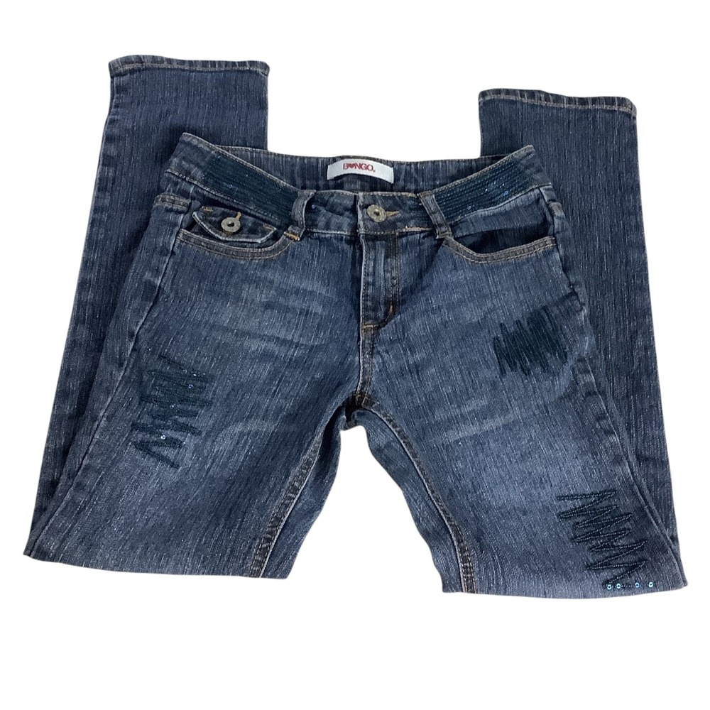 Bongo Jeans Girls 8 Blue Sequin Distressed Y2K Denim Adjustable Waistband
